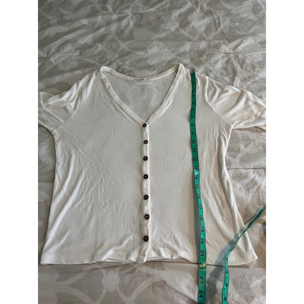 Marine Layer Lexi Ribbed Shirt White V-Neck Button Front Cropped Large - Picture 10 of 11